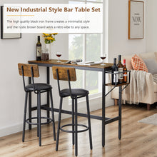 Load image into Gallery viewer, Tatub Bar Table and 2 Chairs Set, Industrial Style 3 Pieces Pub Dining Table Set with Collapsible Bottle Holder, 2 Bar Stools with Backrest for Kitchen, Apartment, Small Space