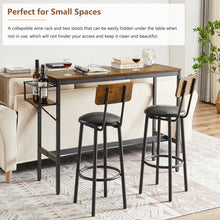 Load image into Gallery viewer, Tatub Bar Table and 2 Chairs Set, Industrial Style 3 Pieces Pub Dining Table Set with Collapsible Bottle Holder, 2 Bar Stools with Backrest for Kitchen, Apartment, Small Space