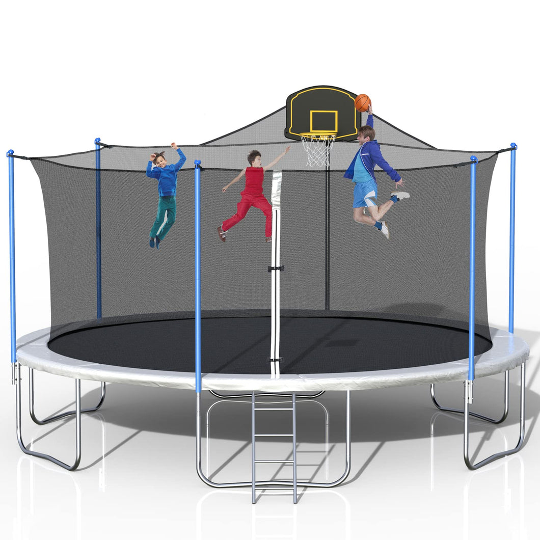 15 16 FT Trampoline with Enclosure Net, Basketball Hoop and Ladder, Outdoor Family Jumping Trampoline for 6-8 Kids