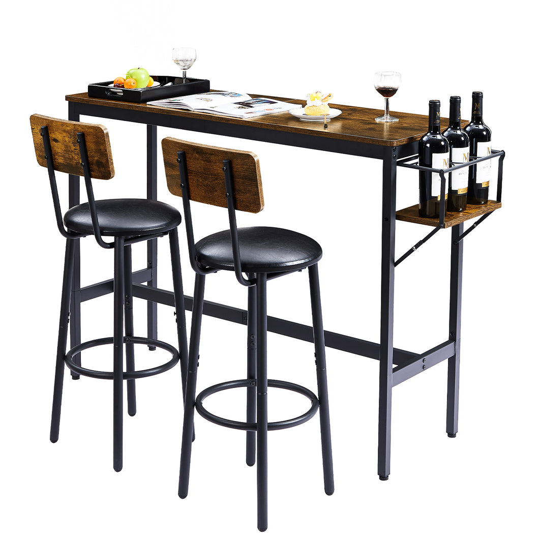 Tatub Bar Table and 2 Chairs Set, Industrial Style 3 Pieces Pub Dining Table Set with Collapsible Bottle Holder, 2 Bar Stools with Backrest for Kitchen, Apartment, Small Space