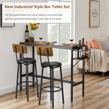 Load image into Gallery viewer, Tatub Bar Table and 2 Chairs Set, Industrial Style 3 Pieces Pub Dining Table Set with Collapsible Bottle Holder, 2 Bar Stools with Backrest for Kitchen, Apartment, Small Space
