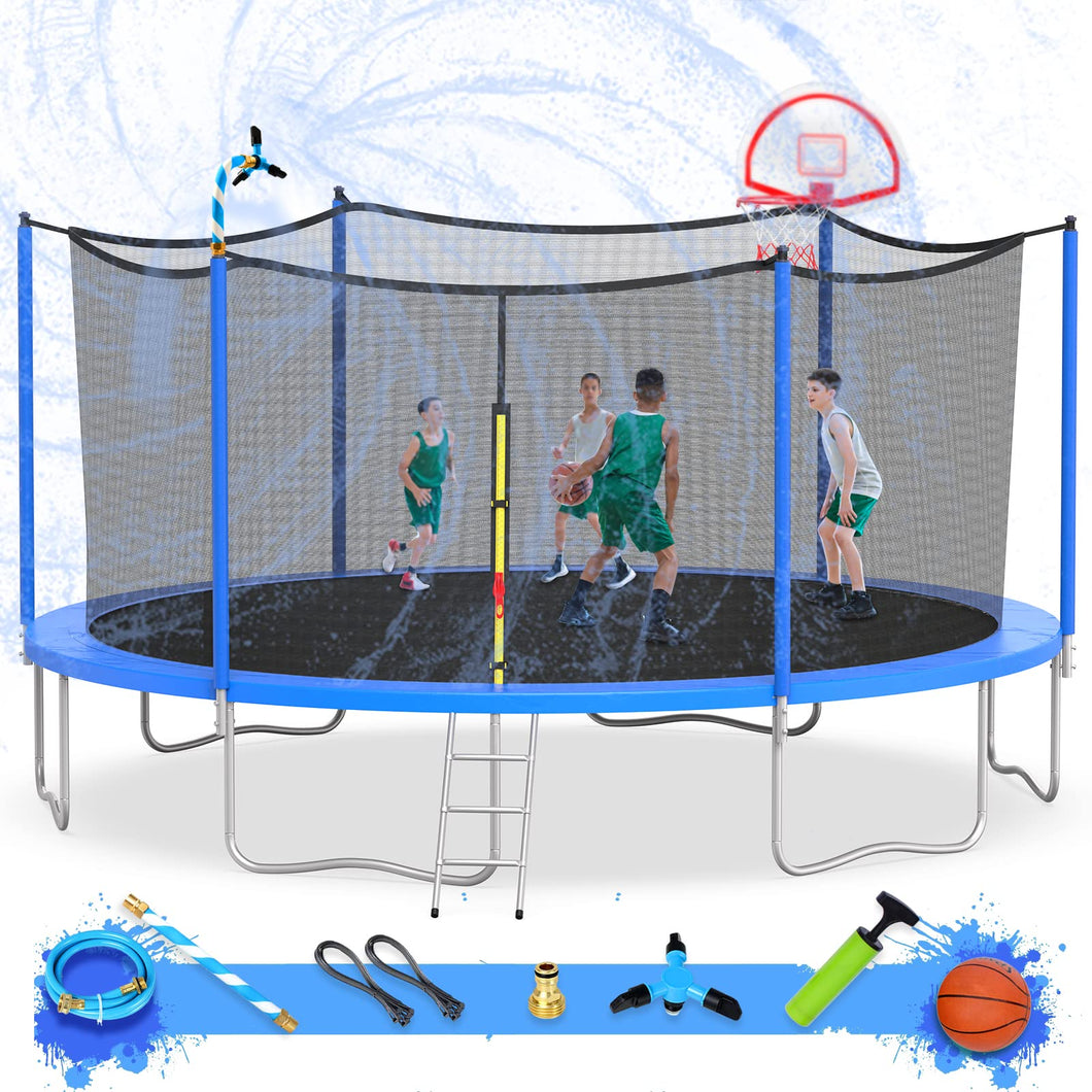 1000LBS 16FT Trampoline for Kids, Outdoor Trampoline with Safety Enclosure Net Basketball Hoop and Ladder, Trampoline for Adults